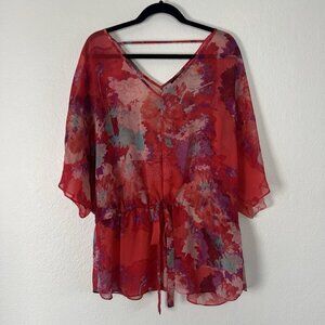 a.n.a Women Plus Size 2X Red Floral Flutter Chiffon Waist Tie V- Neck Blouse Top